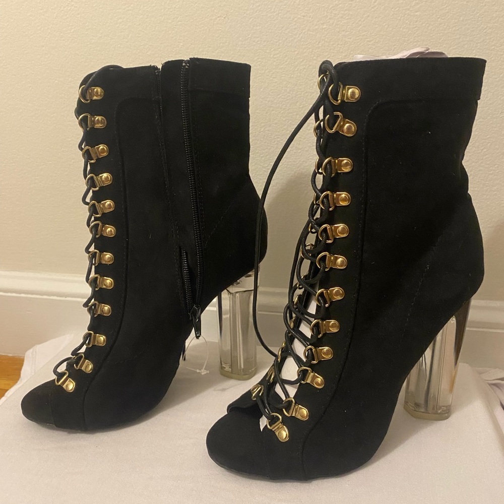 Black lace up booties with clear heel